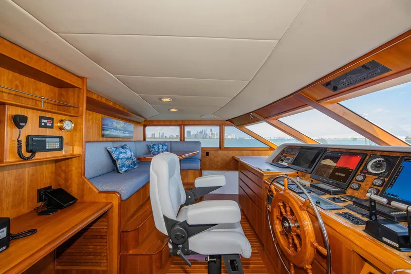 Slide: The Image of Luxurious 1998 Burger Raised Pilothouse yacht interior with helm, seating, and navigation equipment. - 40