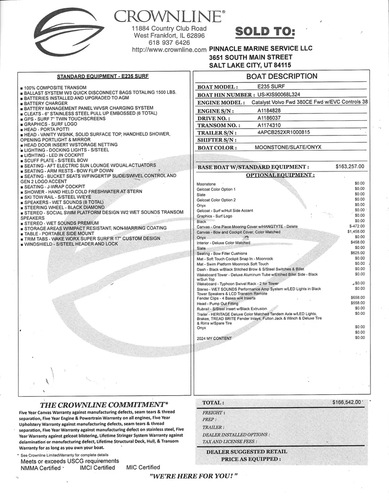 Slide: The Image of Crownline E 235 Surf 2024 boat invoice detailing features and pricing for Pinnacle Marine Service LLC. - 14