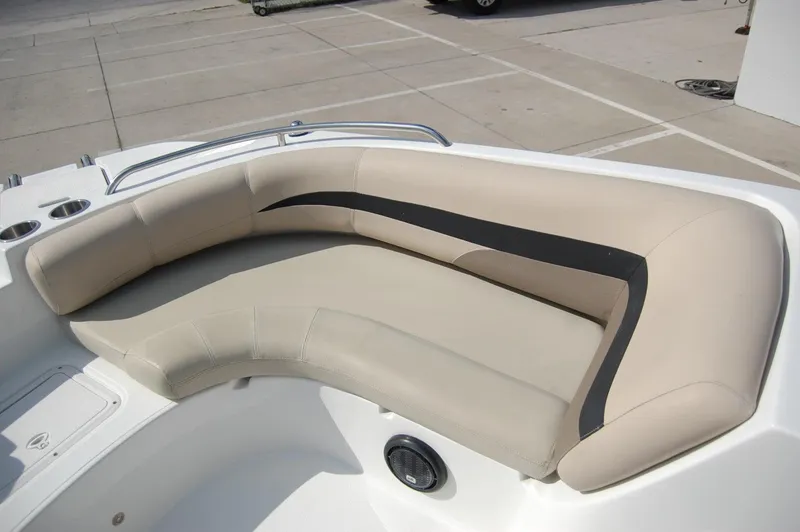 Slide: The Image of 2019 Hurricane SunDeck Sport 188 OB boat seating area with beige upholstery. - 6