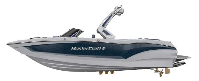Slide: The Image of 2024 MasterCraft X24 boat, sleek design, side view, blue and white color scheme. - 14