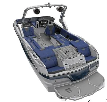 Slide: The Image of 2024 MasterCraft X24 boat with blue seating and sleek design. - 16