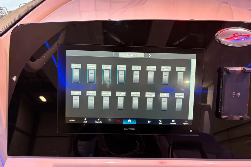 Slide: The Image of Touchscreen control panel on 2026 Scout 330 LXF boat, displaying lighting options. - 27