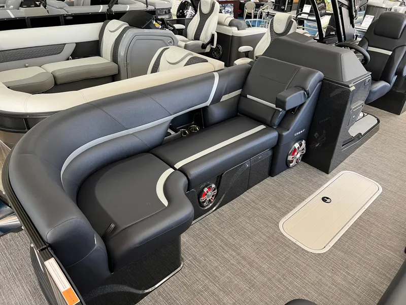 Slide: The Image of 2025 Crest Caribbean LX 230 SLRC boat interior with luxurious seating and modern design. - 10