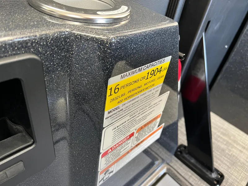 Slide: The Image of Capacity label on 2025 Crest Caribbean LX 230 SLRC, seating 16 people or 1904 lbs. - 35