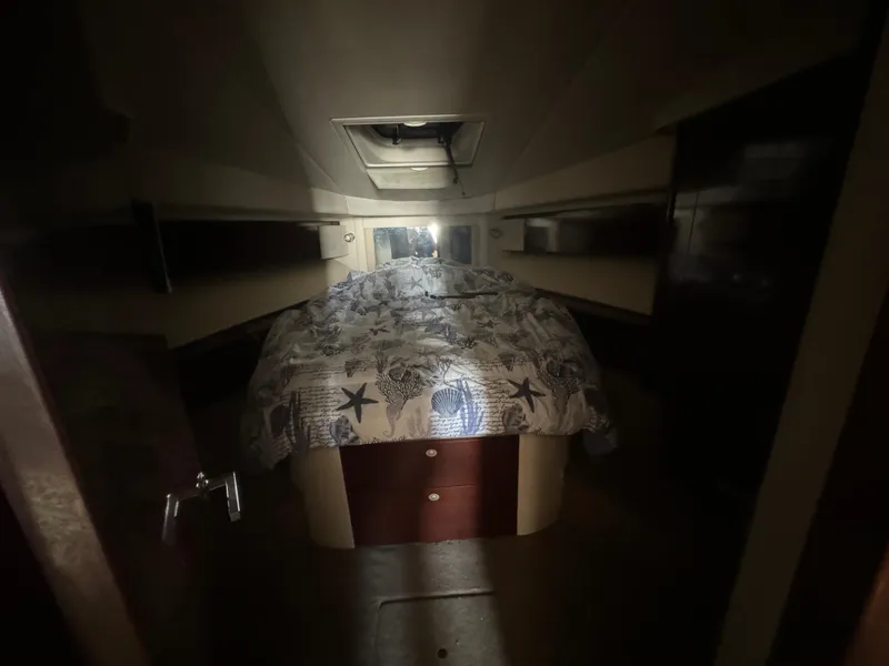 Slide: The Image of Interior cabin of 2008 Sea Ray 44 Sedan Bridge with nautical-themed bedding. - 17