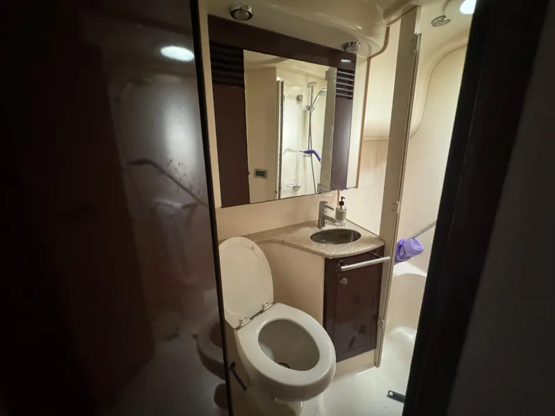 Slide: The Image of 2008 Sea Ray 44 Sedan Bridge bathroom with toilet, sink, and shower. - 19