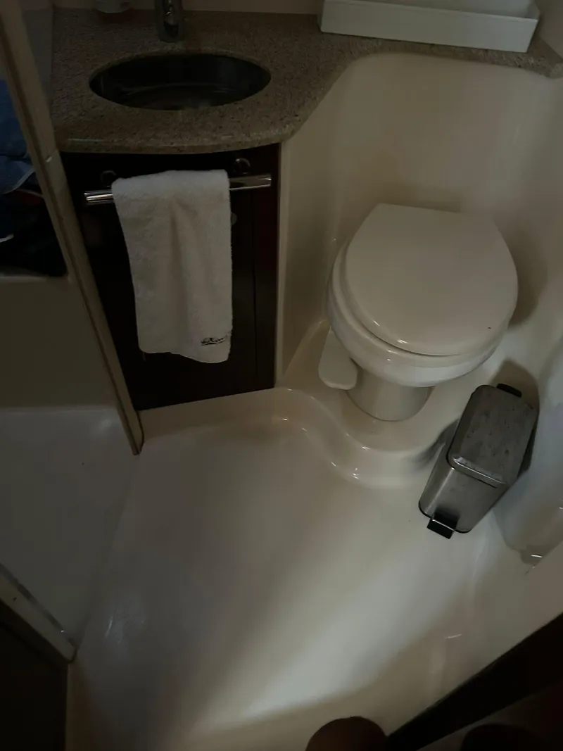 Slide: The Image of 2008 Sea Ray 44 Sedan Bridge bathroom with sink, toilet, and towel. - 27