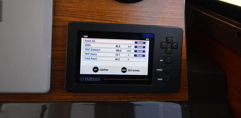 Slide: The Image of Yamaha display on 2023 Ranger Tugs R-27 Luxury Edition showing trip data. - 16