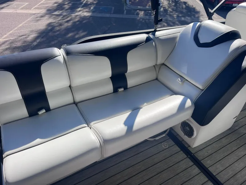 Slide: The Image of 2020 Montara Surf Boss boat seating with black and white upholstery. - 10