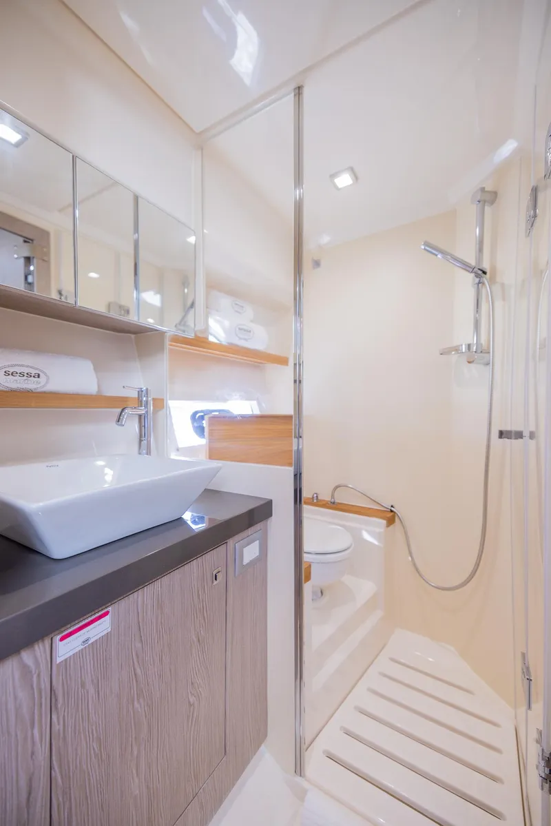 Slide: The Image of Luxurious bathroom in 2024 Sessa Marine C36 IB yacht with modern fixtures. - 15