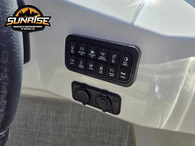 Slide: The Image of Control panel of 2023 Stingray 192 SC boat with various switches, Sunrise Marine logo visible. - 13