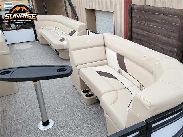 Slide: The Image of Luxurious seating on 2024 SunCatcher Select 320RCX pontoon boat, featuring beige upholstery. - 19