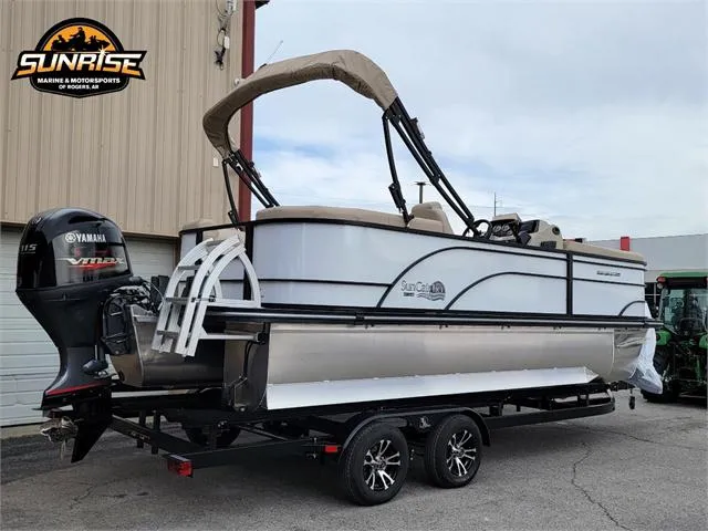 Slide: The Image of 2024 SunCatcher Select 320RCX pontoon boat on trailer, featuring Yamaha outboard motor. - 21