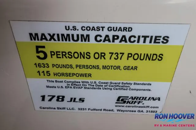 Slide: The Image of Carolina Skiff 178, 2020 model, capacity label: 5 persons, 737 pounds, 115 horsepower. - 26