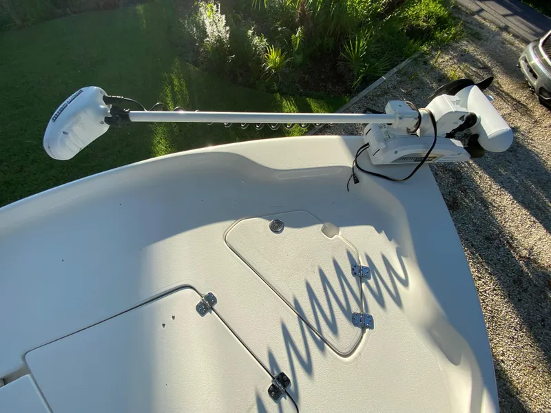 Slide: The Image of 2017 Key West 230 Bay Reef boat with trolling motor on deck. - 15