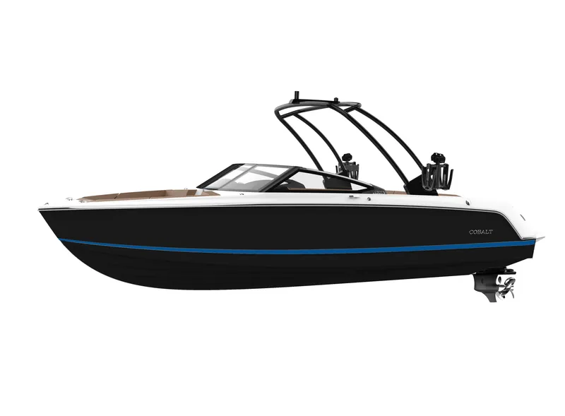Slide: The Image of 2025 Cobalt CS23 boat with sleek black design and modern features. - 33