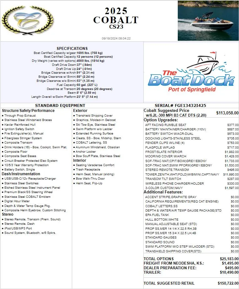 Slide: The Image of 2025 Cobalt CS23 boat specifications and pricing details brochure. - 34