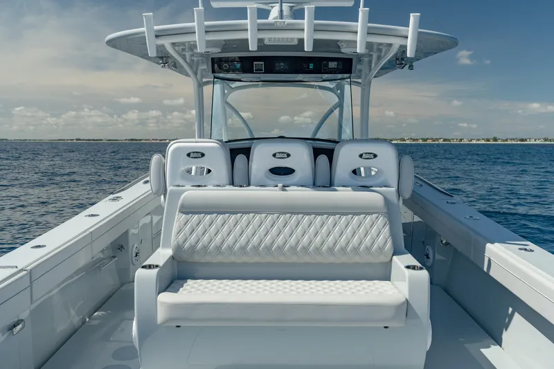Slide: The Image of 2023 Valhalla Boatworks V-41 luxury boat interior on open water. - 18