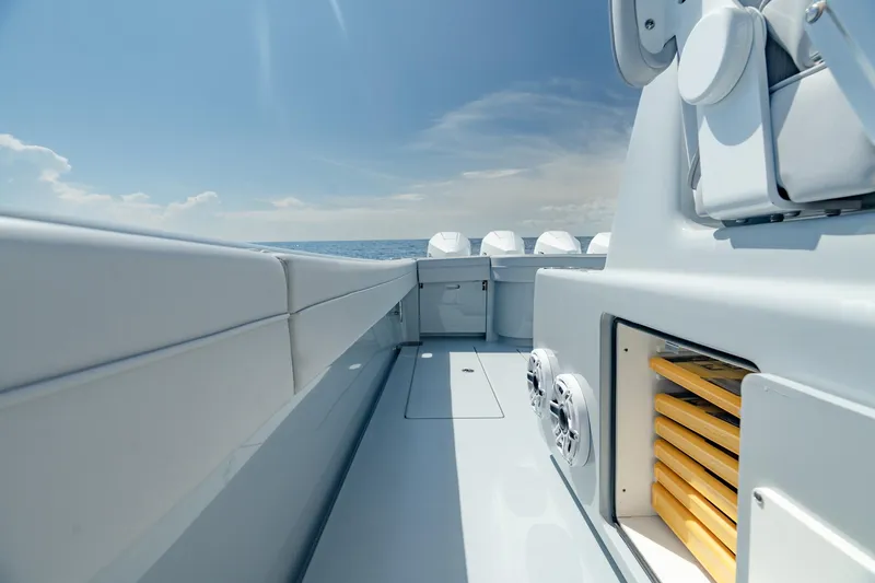 Slide: The Image of 2023 Valhalla Boatworks V-41 deck view under clear blue sky. - 29