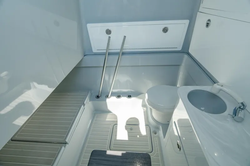 Slide: The Image of 2023 Valhalla V-41 boat interior bathroom with modern fixtures and sleek design. - 31