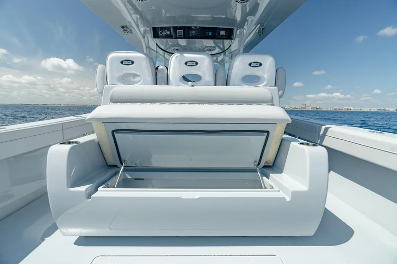 Slide: The Image of 2023 Valhalla Boatworks V-41 interior with seating and storage, ocean view. - 35
