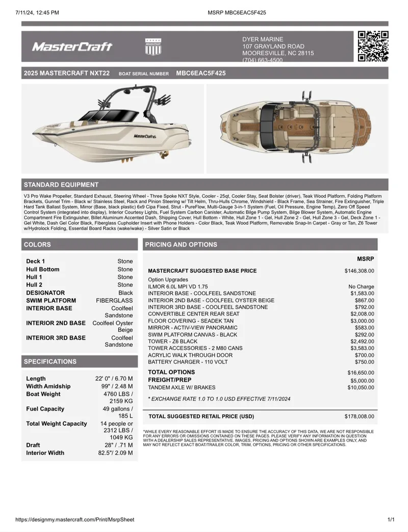 Slide: The Image of 2025 MasterCraft NXT22 boat specifications and pricing details sheet. - 16