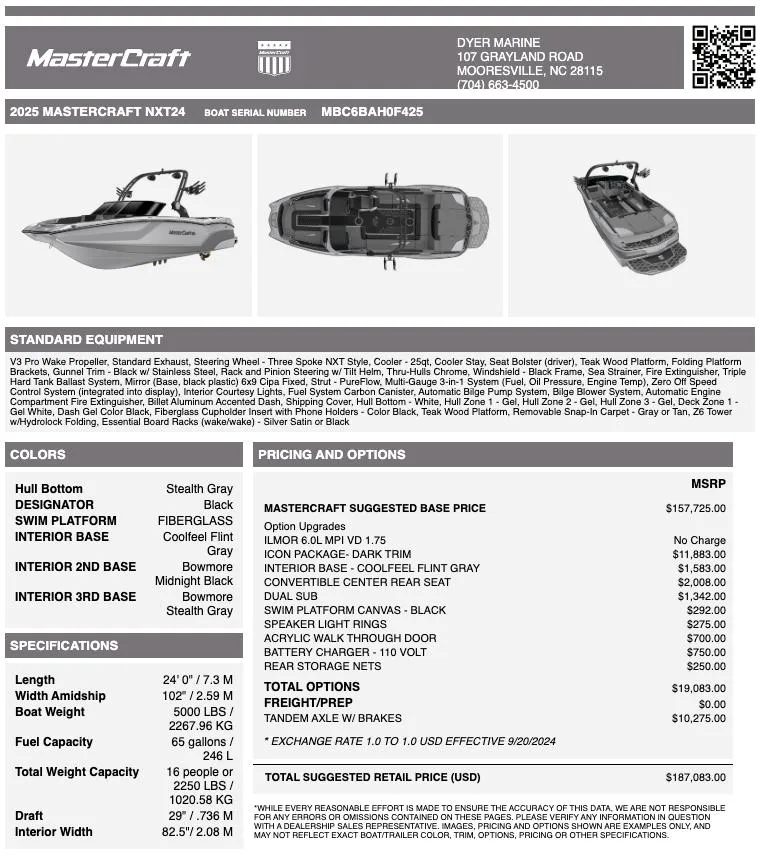 Slide: The Image of 2025 MasterCraft NXT24 boat specifications and pricing details sheet. - 16