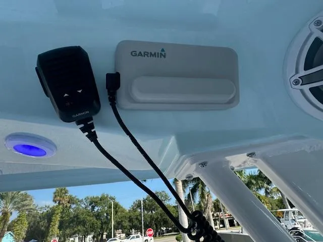 Slide: The Image of 2025 Sportsman Masters 247 Bay Boat with Garmin marine electronics and speaker system. - 33