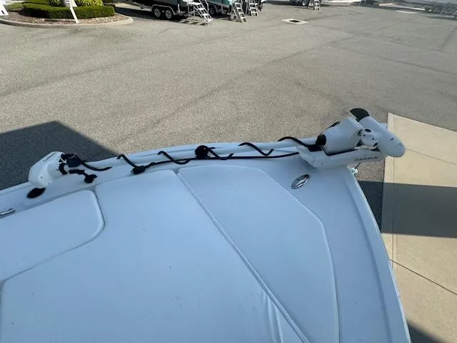 Slide: The Image of 2025 Sportsman Masters 247 Bay Boat bow with mounted trolling motor. - 8