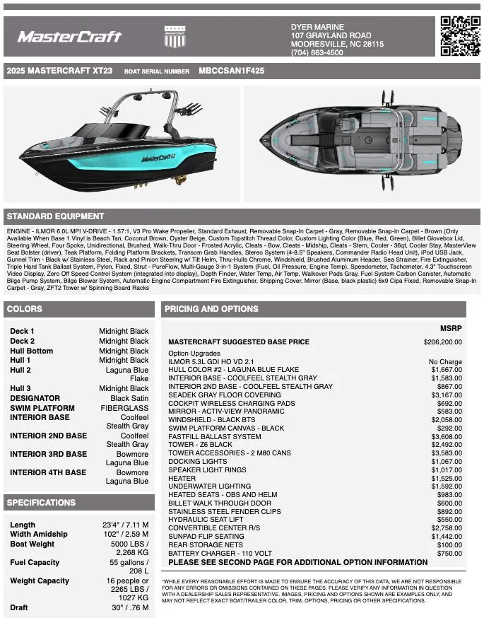 Slide: The Image of 2025 MasterCraft XT23 boat brochure with specifications, pricing, and color options. - 10