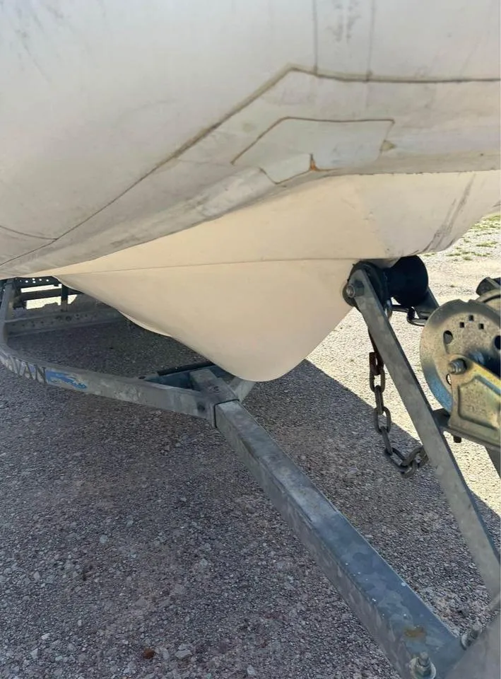 Slide: The Image of 2008 Valiant RIBs V520 boat hull on trailer, showing underside details. - 9