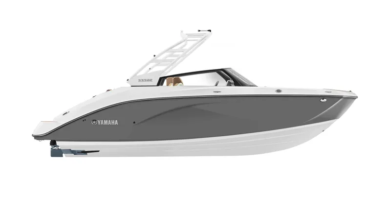 Slide: The Image of 2025 Yamaha Boats 222SE, sleek gray and white design, side view. - 5