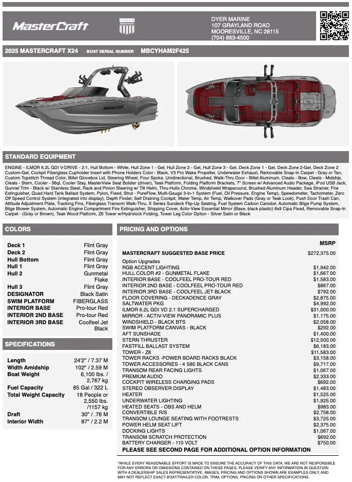 Slide: The Image of 2025 MasterCraft X24 boat specifications and pricing details sheet. - 12