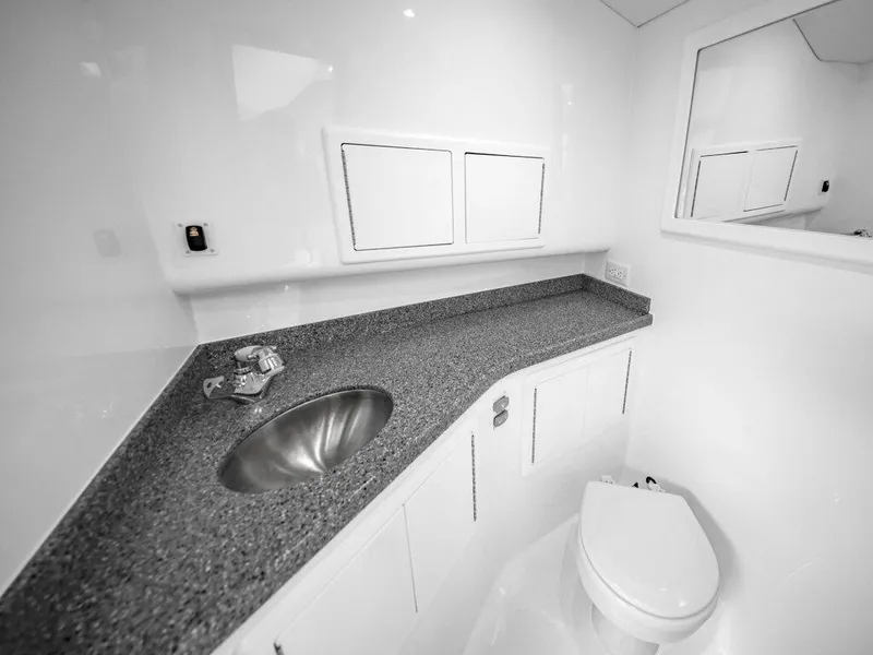 Slide: The Image of 2025 Albemarle 30 Express boat bathroom with modern sink and toilet. - 7