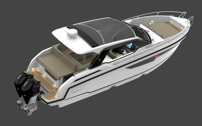 Slide: The Image of 2024 Parker Poland Sorrento 100 luxury motorboat, sleek design, rear view. - 12