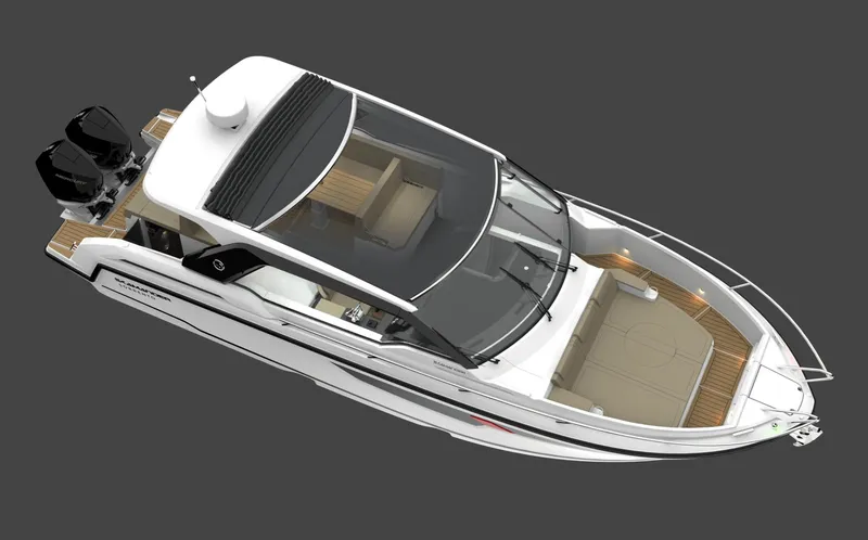Slide: The Image of 2024 Parker Poland Sorrento 100 boat, sleek design, top view, dual engines, modern interior. - 15