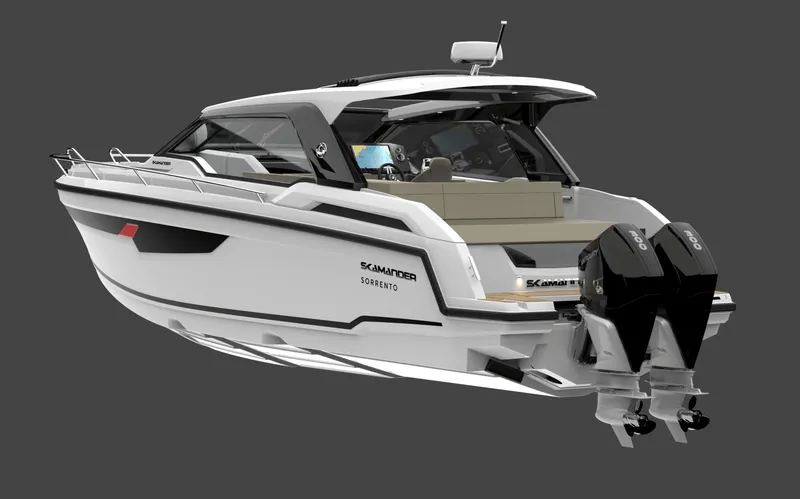 Slide: The Image of 2024 Parker Poland Sorrento 100 boat with dual engines, sleek design, and modern features. - 16