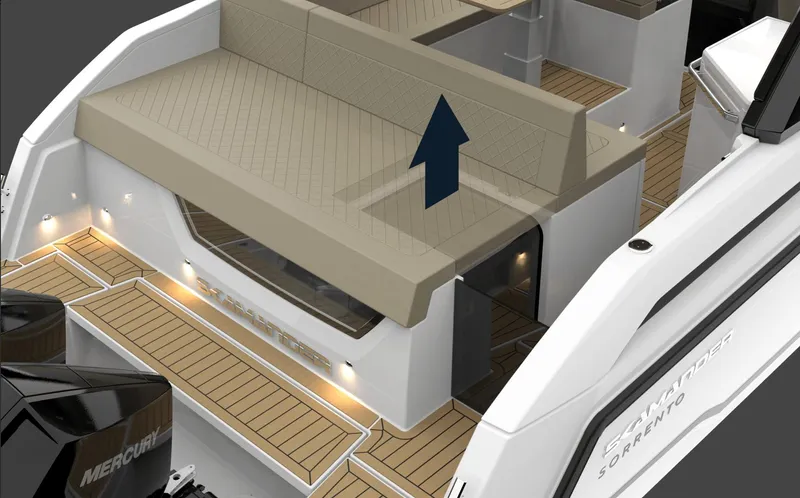 Slide: The Image of 2024 Parker Poland Sorrento 100 boat interior with beige seating and wooden deck. - 18