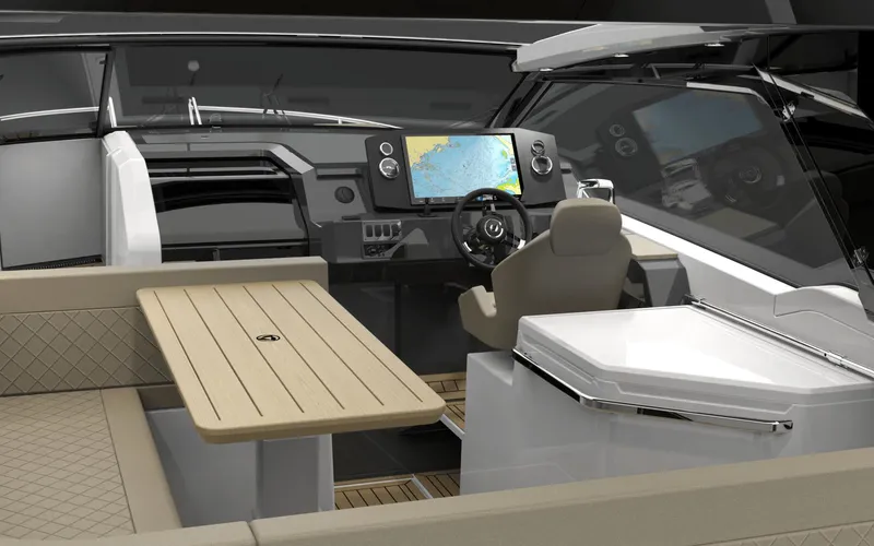Slide: The Image of Interior of 2024 Parker Poland Sorrento 100 boat with modern dashboard and seating area. - 19