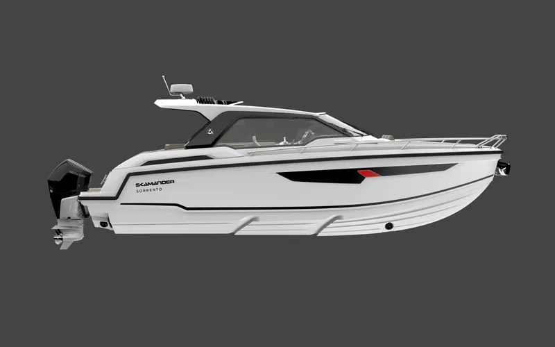 Slide: The Image of 2024 Parker Poland Sorrento 100 boat, sleek white design, side view on gray background. - 20