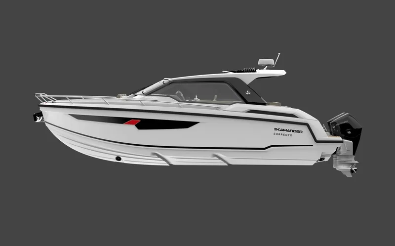Slide: The Image of 2024 Parker Poland Sorrento 100 boat, sleek white design, side view on gray background. - 21