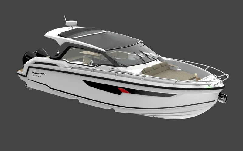 Slide: The Image of 2024 Parker Poland Sorrento 100 boat, sleek design, white exterior, modern cabin. - 23