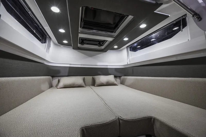 Slide: The Image of Luxurious interior cabin of 2025 Axopar 37 XC CROSS CABIN with modern lighting. - 42