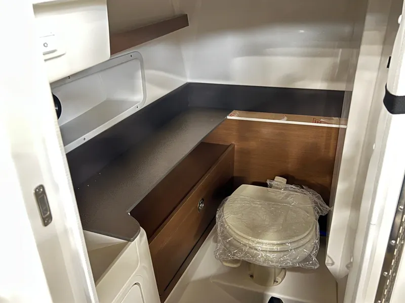 Slide: The Image of 2025 Sea Ray SDX 290 boat interior with compact bathroom and storage. - 10