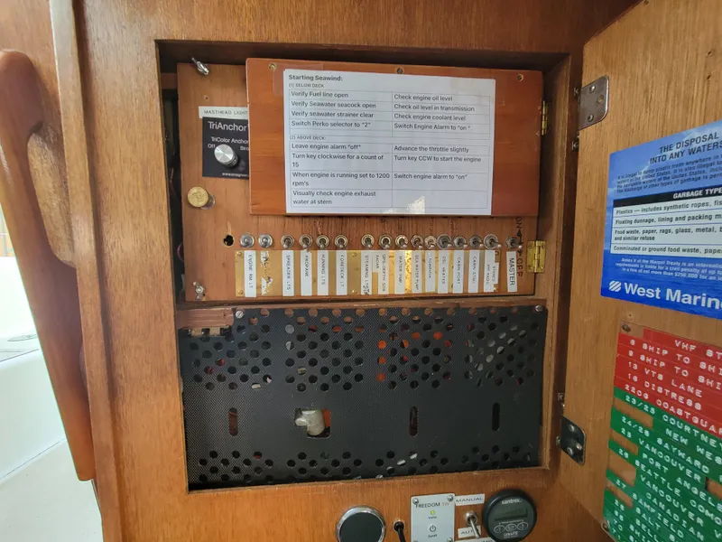 Slide: The Image of Electrical panel inside a 1967 Spencer 42 boat with labeled switches and instructions. - 30