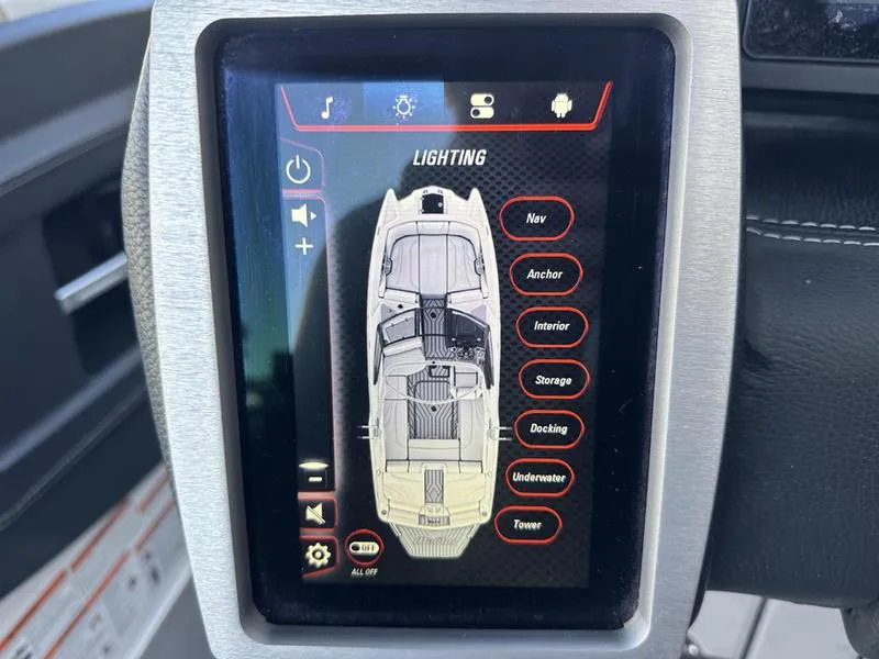Slide: The Image of Touchscreen display in 2020 Malibu 22 MXZ boat showing lighting controls. - 2