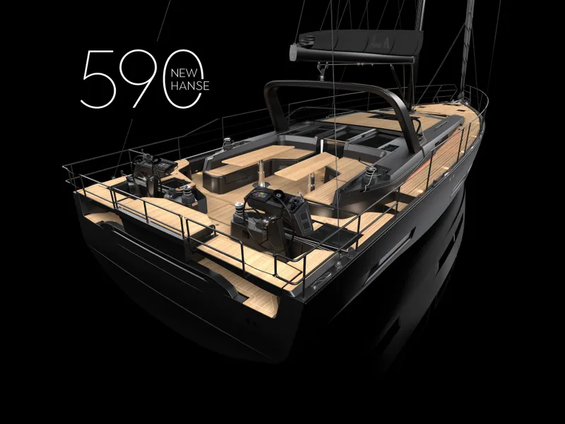 Slide: The Image of 2025 Hanse 590 yacht, sleek design, luxury deck, black background. - 0