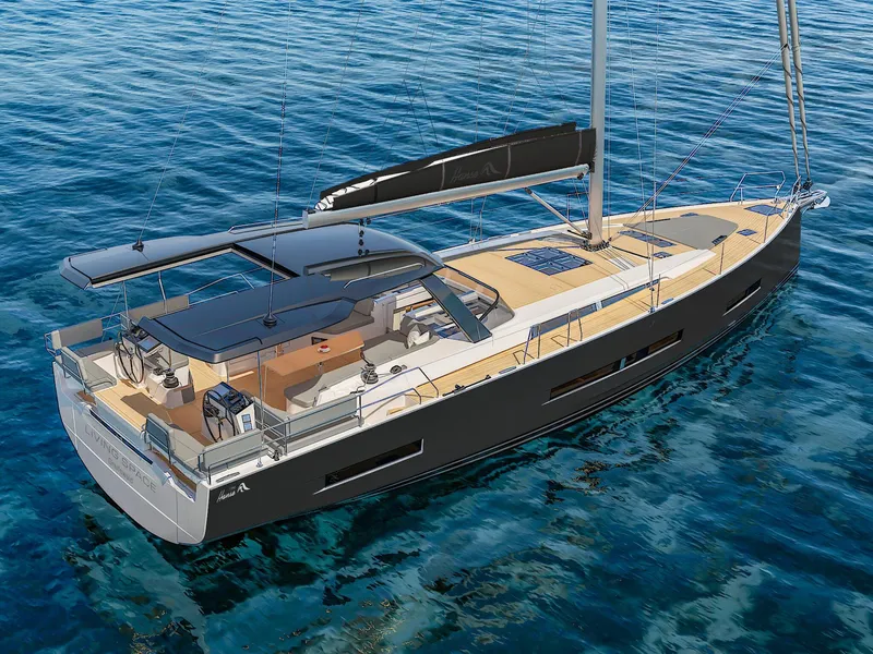 Slide: The Image of 2025 Hanse 590 yacht sailing on clear blue water. - 1