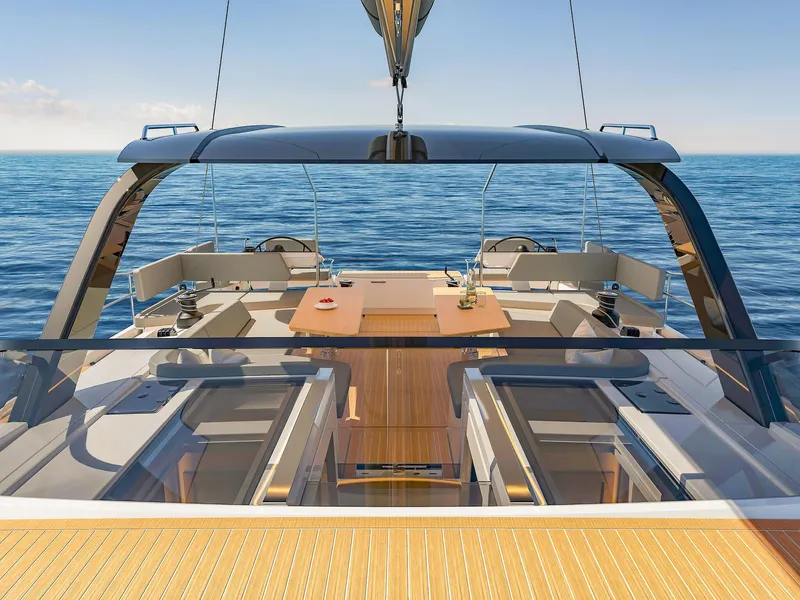 Slide: The Image of Luxurious 2025 Hanse 590 yacht with spacious deck and modern design on open sea. - 11