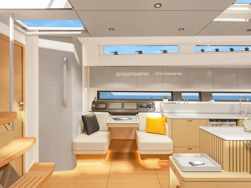 Slide: The Image of Luxurious interior of 2025 Hanse 590 yacht with modern design and natural lighting. - 18